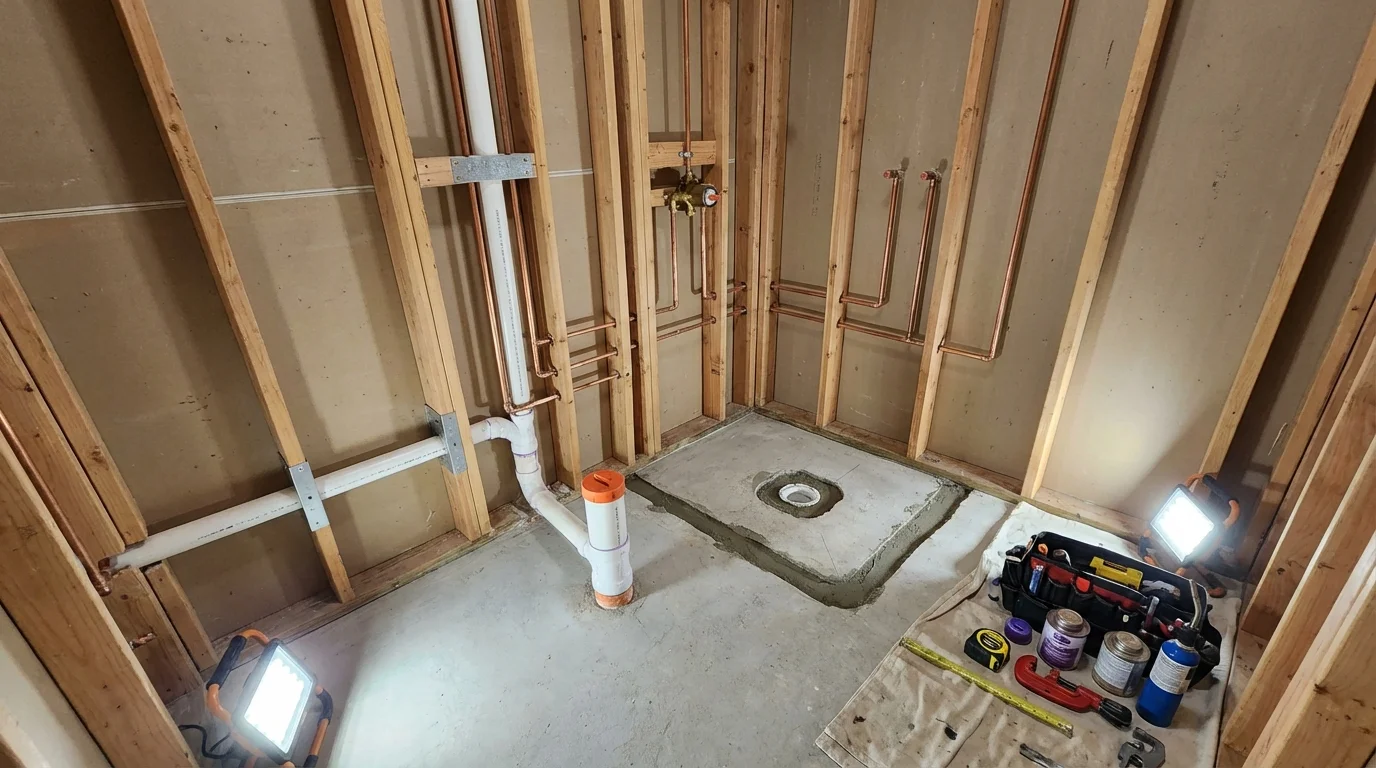 Bathroom rough-in plumbing during remodel by Johns Plumbing LLC in Rollinsford
