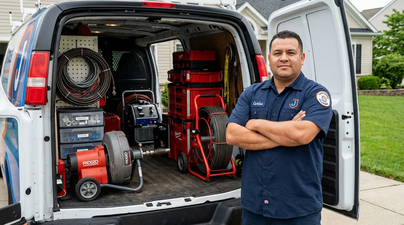 Professional drain cleaning equipment and Johns Plumbing LLC plumber in Rollinsford