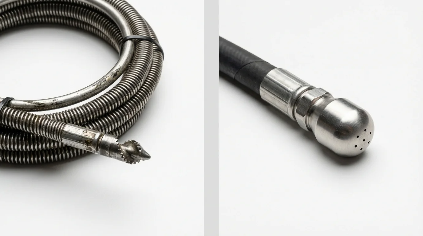 Drain snake cable and hydro jetting nozzle used for drain cleaning in Rollinsford, NH