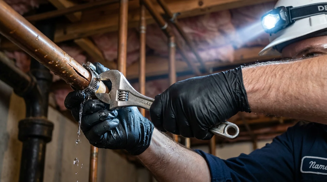 Emergency pipe clamp repair being performed by a Johns Plumbing LLC plumber in Rollinsford