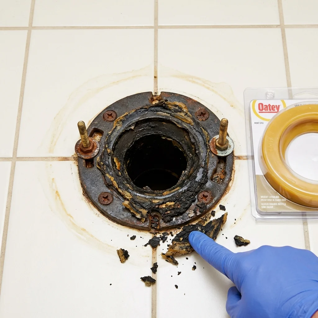 Failed wax ring showing water seepage at the base of a toilet in a Rollinsford, NH home