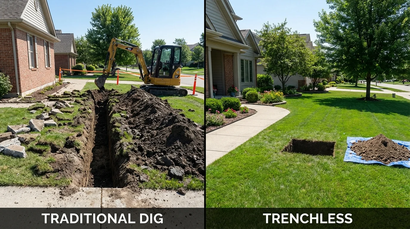 Trenchless sewer repair with minimal yard damage versus traditional excavation in Rollinsford, NH