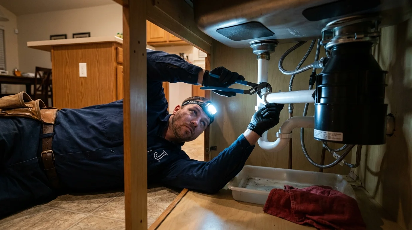 P-trap and supply line connections under a kitchen sink showing a common leak point in Rollinsford, NH